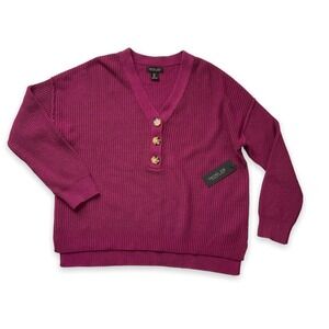 Rachel Zoe Sweater Women Large Purple Ribbed Popover Button V-Neck NWT